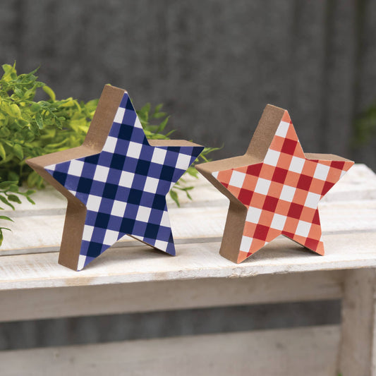 2/Set, Blue & Red Plaid Wooden Stars