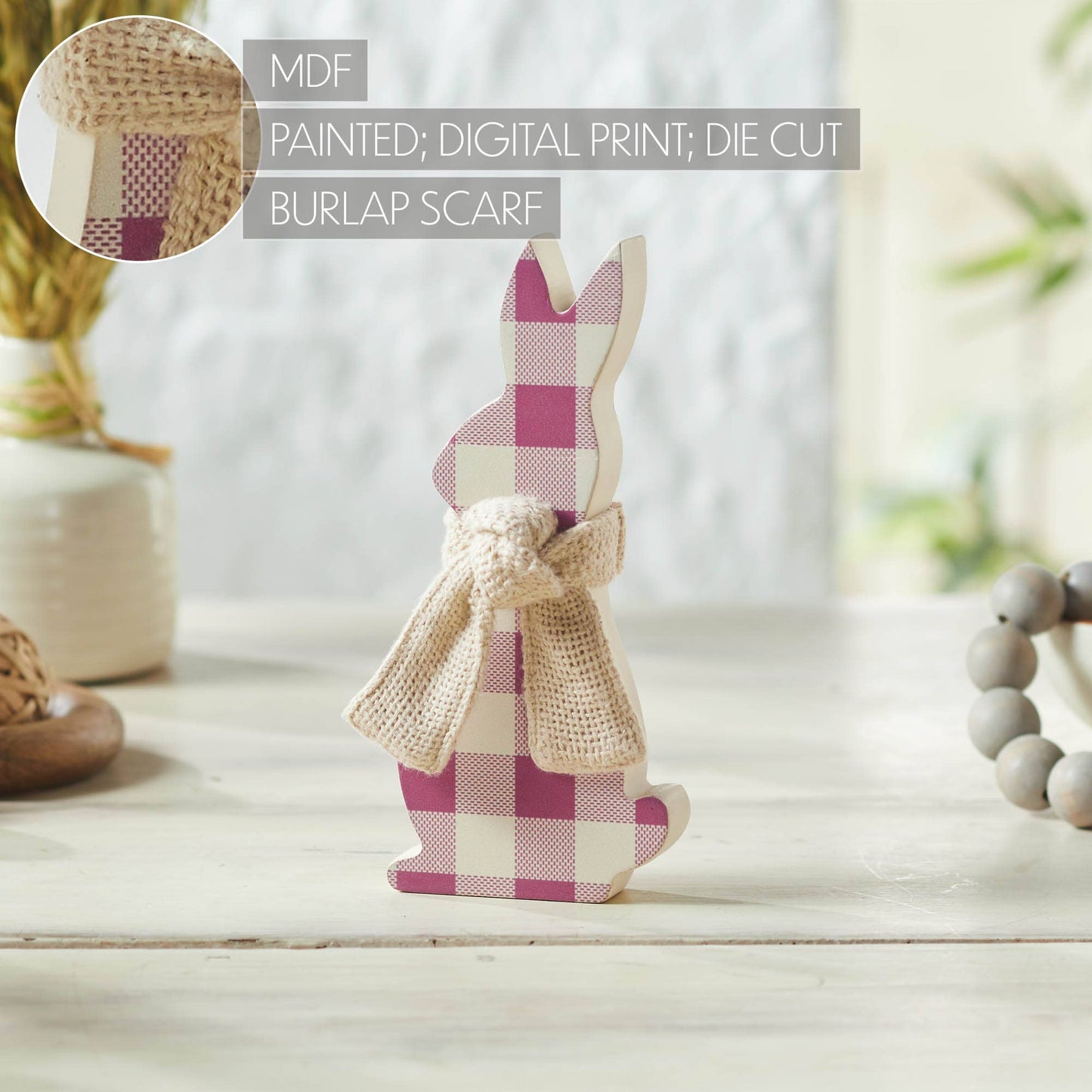 Bunny Hop MDF All Ears pink Check Bunny In Burlap Scarf 8x3.5x1