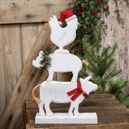 3/Set - Distressed White Wooden Winter Farm Animal Stackers