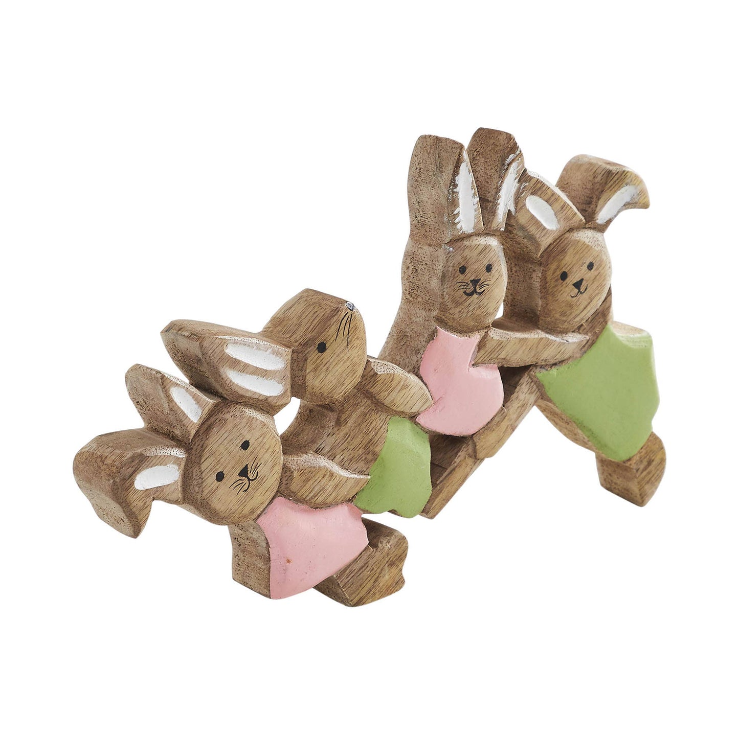 Bunny Hop Wooden Bunny Playtime Foursome - Natural Mango Wood Rustic Easter Decor - Freestanding Shelf Sitter - 7x9.5x1