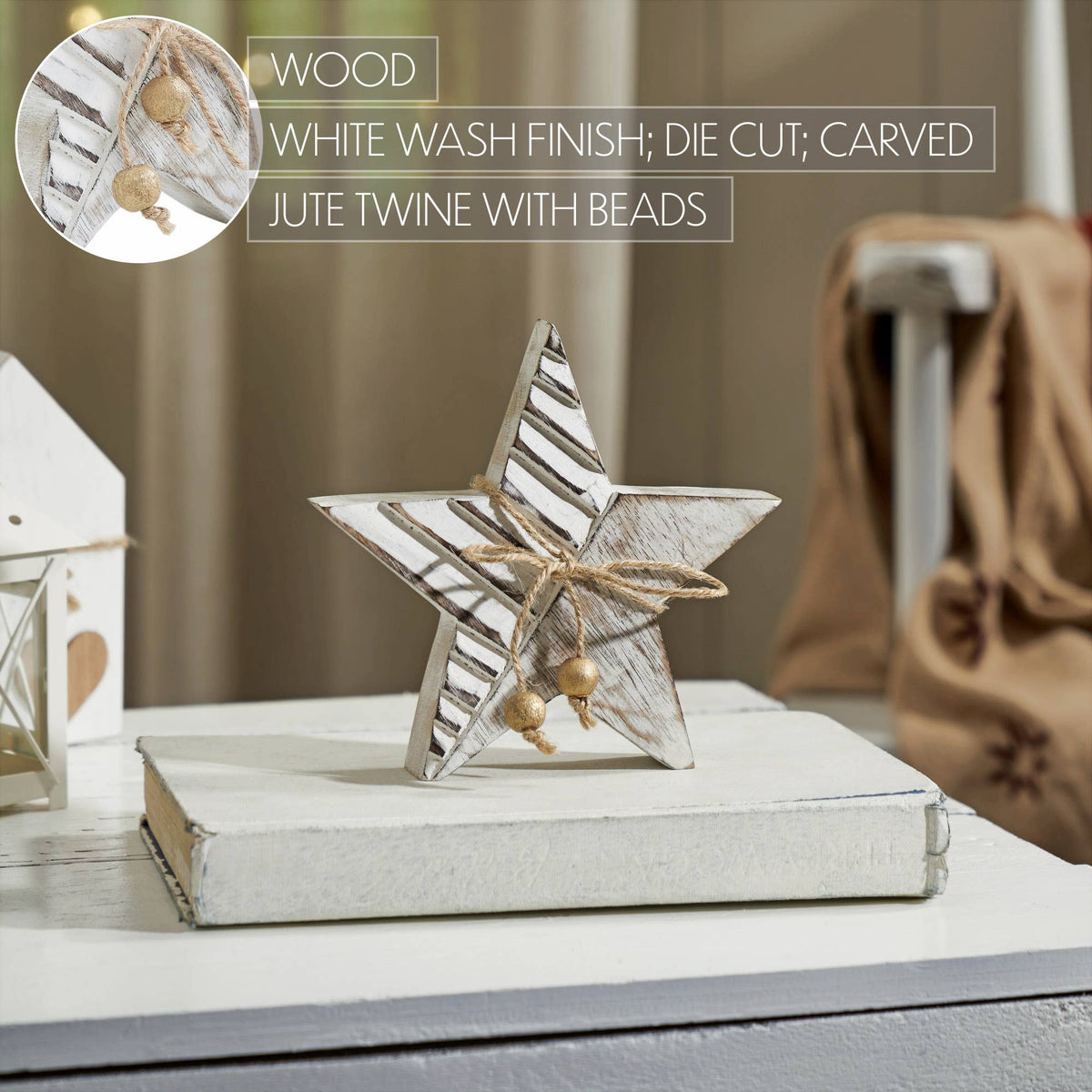 Distressed White Carved Mango Wood Star Christmas Decor 6x6