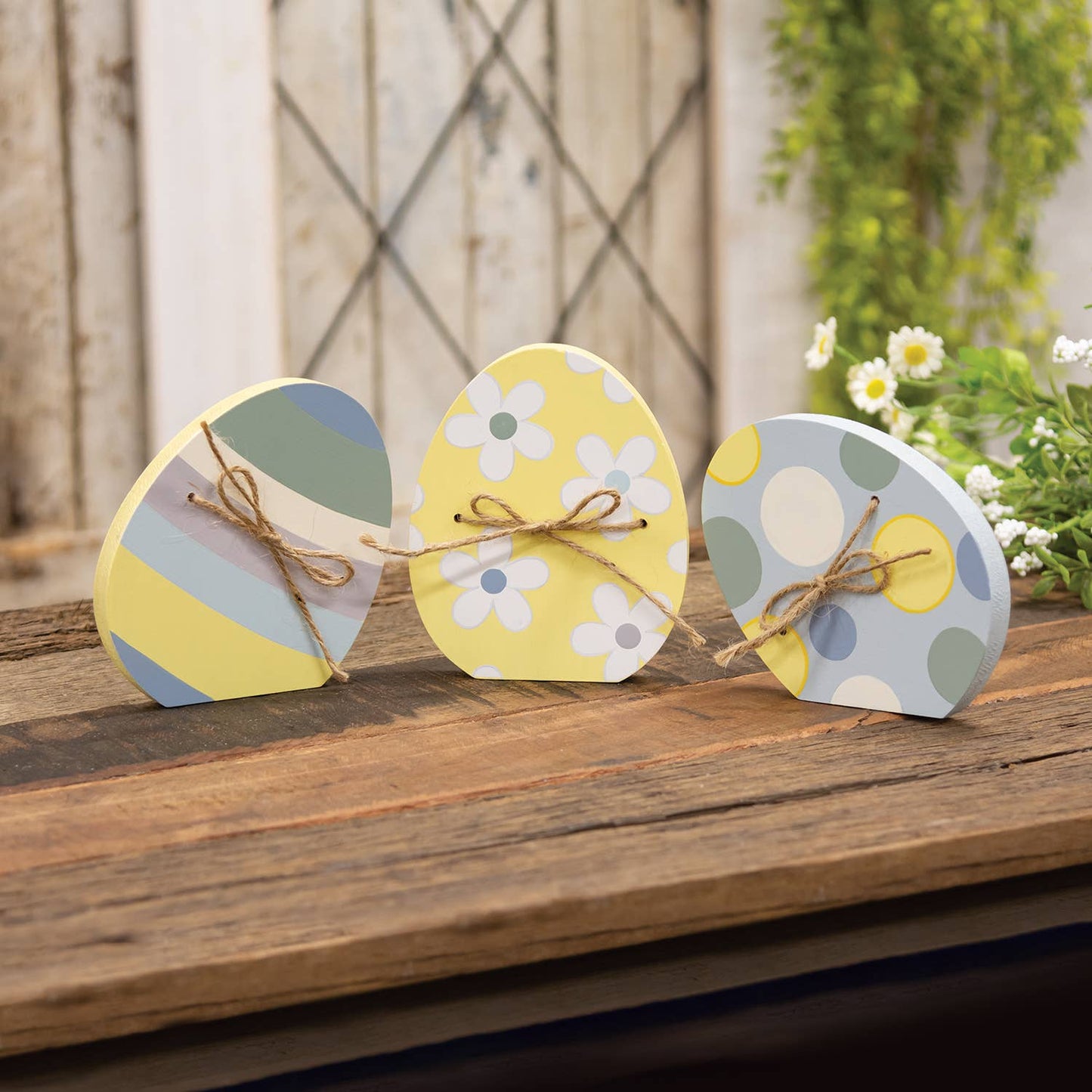 Dots & Stripe Wooden Easter Egg Sitter w/Jute Bow - 3 Asstd.