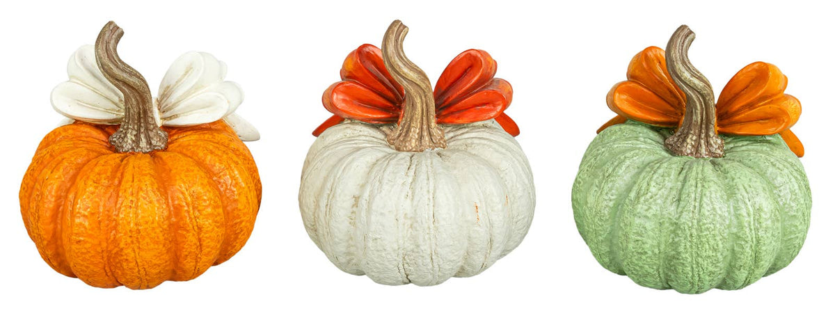 Ribbon Bow Fall Pumpkin 6" Tabletop white