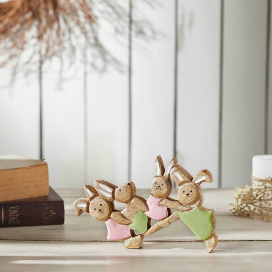 Bunny Hop Wooden Bunny Playtime Foursome - Natural Mango Wood Rustic Easter Decor - Freestanding Shelf Sitter - 7x9.5x1
