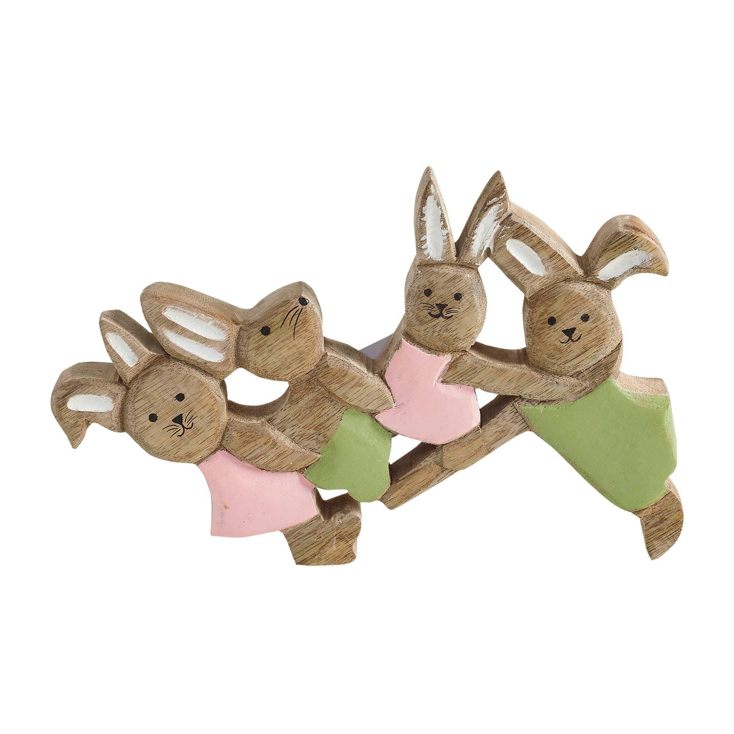Bunny Hop Wooden Bunny Playtime Foursome - Natural Mango Wood Rustic Easter Decor - Freestanding Shelf Sitter - 7x9.5x1