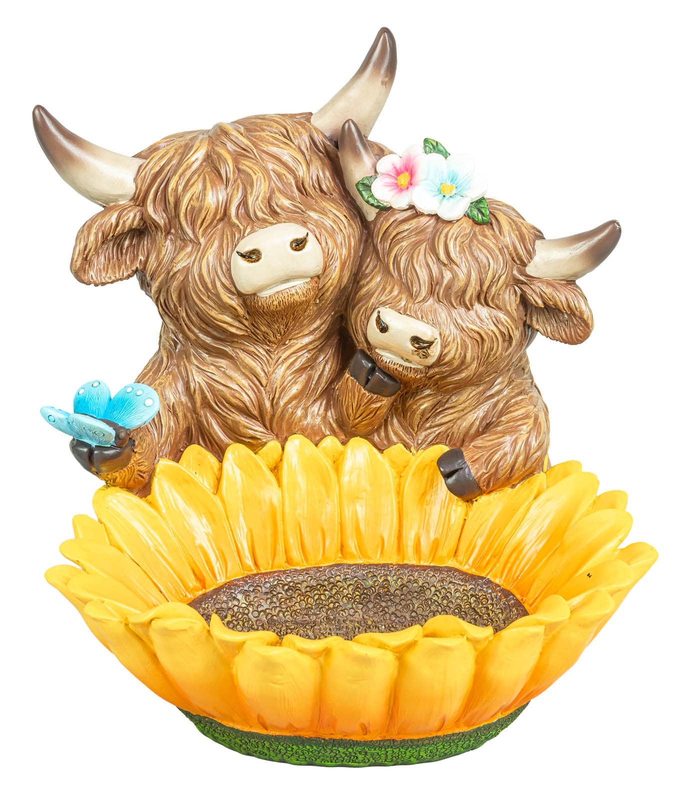 Spring Highland Cow Sunflower Birdbath