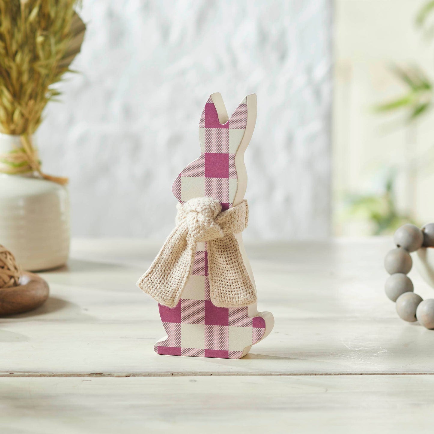 Bunny Hop MDF All Ears pink Check Bunny In Burlap Scarf 8x3.5x1