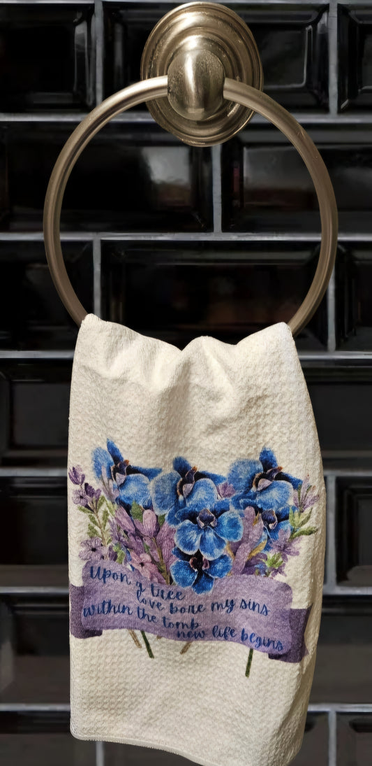 Watercolor flowers blue and purple towel